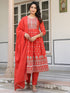 Red Pure Cotton Foil Printed Yoke Design A-line Kurta Pant With Dupatta Set